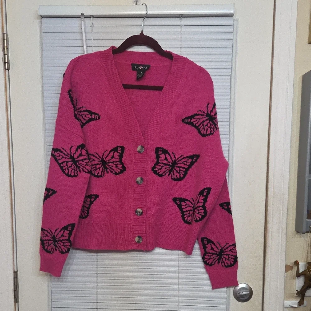 Pink Cardigan with Black Butterfly Design - Picture 1 of 4